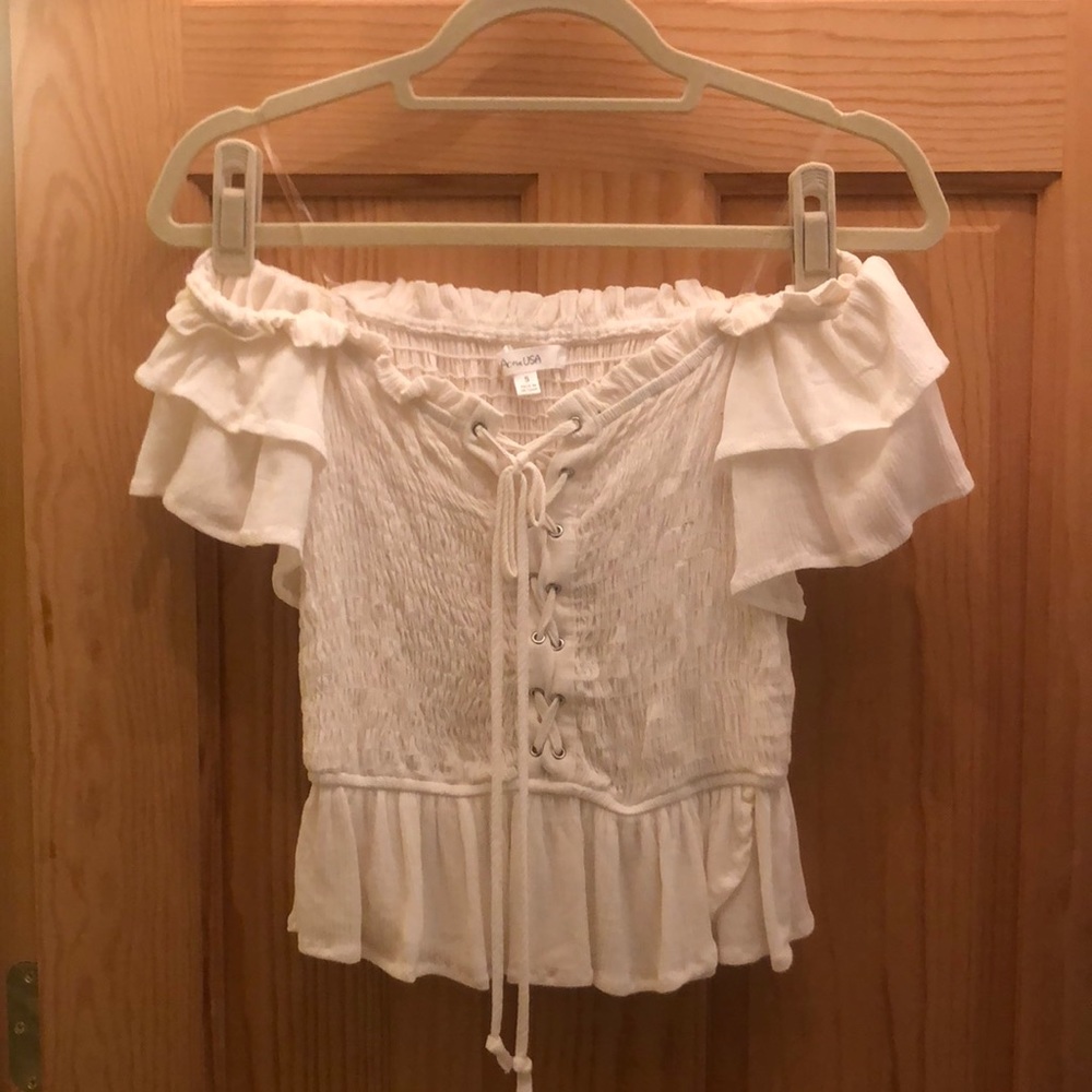 Off shoulder white lace up blouse